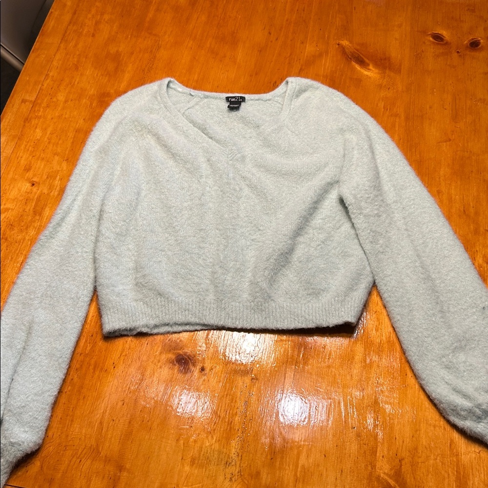 Rue21 Cropped Fuzzy Puffy Sleeve Light Mint Green Sweater Women's Size Large - Picture 3 of 7